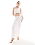 broderie lace one shoulder top and maxi skirt co-ord in white