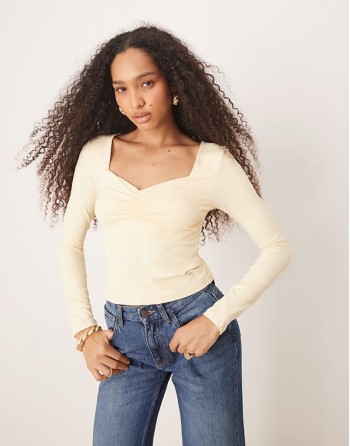 polyamide slinky long sve top with ruched bust in pastel yellow