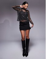 sequin mesh long sve top in black