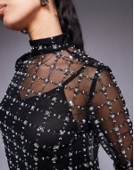 sequin mesh long sve top in black