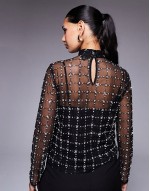 sequin mesh long sve top in black